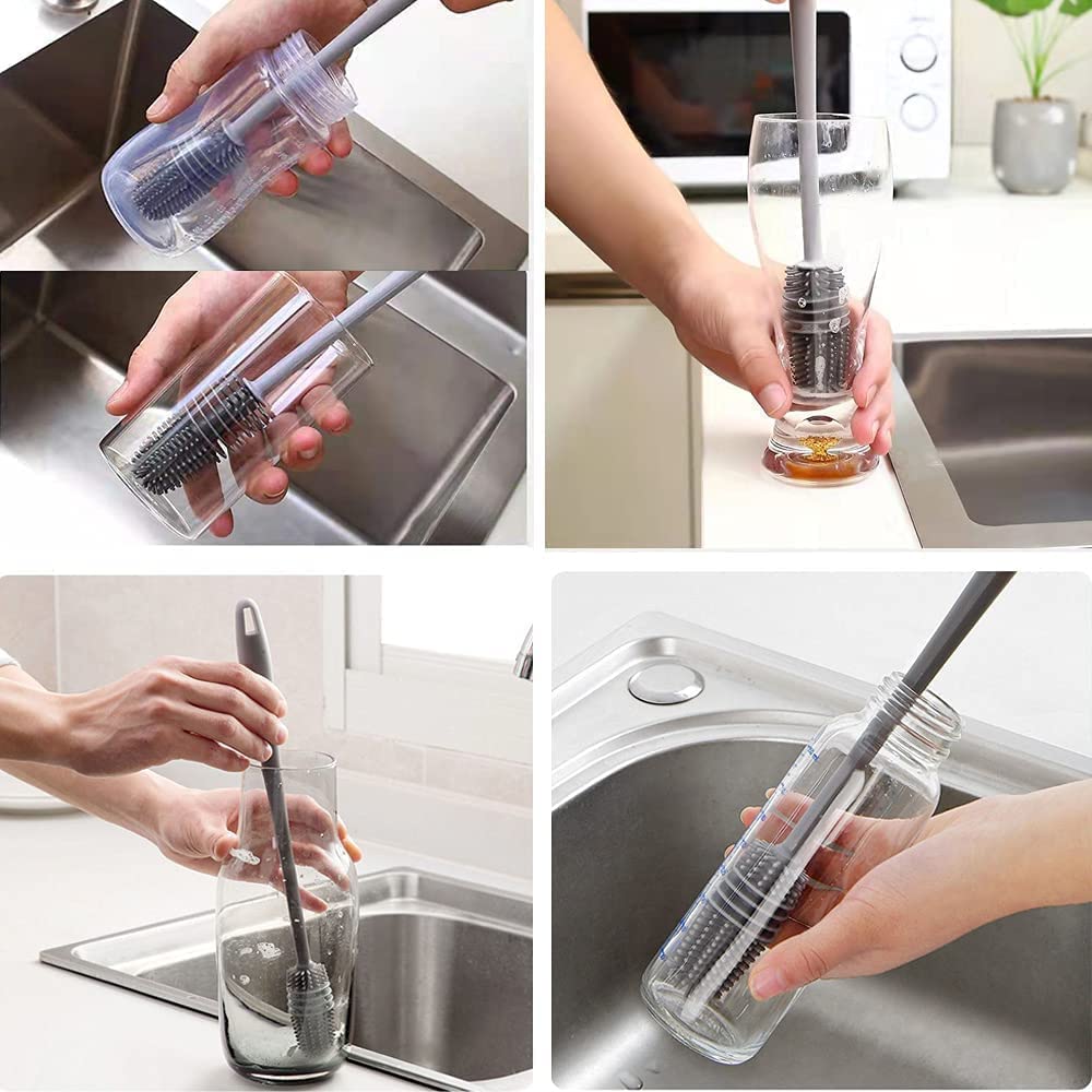 Bottle Cleaning Brush Silicone Long Handle, Water Bottle, Containers, Vase and Glass, Bottle Cleaner for Kitchen