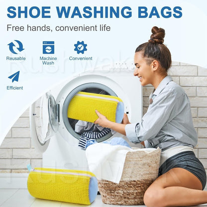 Shoe Washing Machine Bag with 1 Pair Adjustable Shoe Trees 360° Deep Shoe Cleaning Bag for Washer Shoe Washing Bags with Zipper Microfiber Sneaker Pouch Laundry Shoe Bags for All