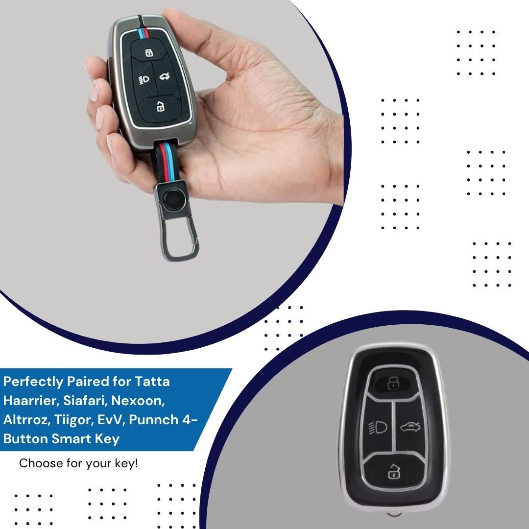 Protect your Tata car smart key in style with this Premium Metal Key Cover. Durable, stylish, and precisely designed for Harrier, Safari, Nexon, Altroz, EV, Punch, and Tiago EV 4 - button smart keys. - Flymaster ShopFlymaster ShopTata 4 - Button Smart Key