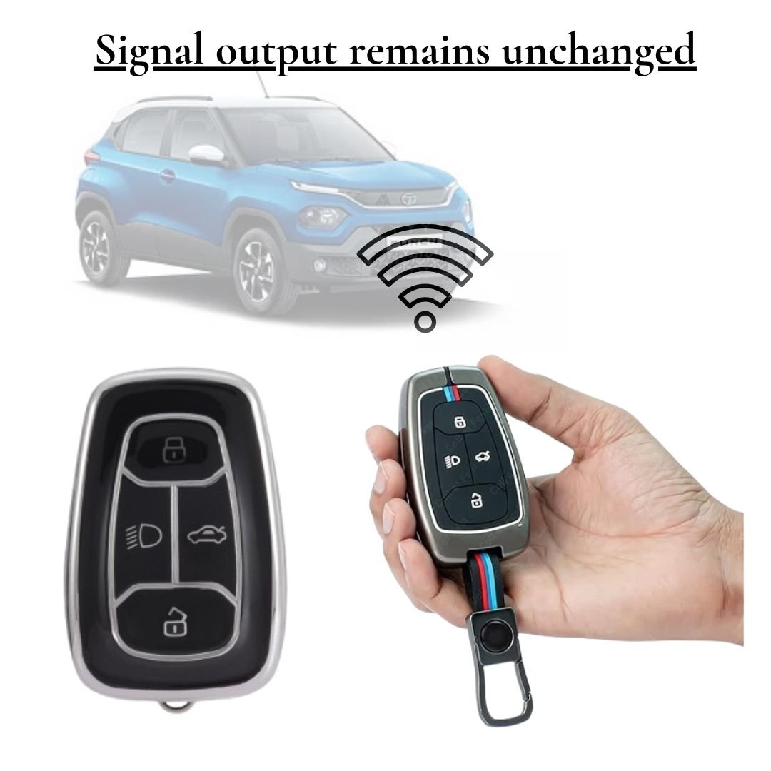 Protect your Tata car smart key in style with this Premium Metal Key Cover. Durable, stylish, and precisely designed for Harrier, Safari, Nexon, Altroz, EV, Punch, and Tiago EV 4 - button smart keys. - Flymaster ShopFlymaster ShopTata 4 - Button Smart Key
