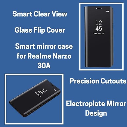Realme Narzo 30A Clear View Electroplate Mirror Flip Case with Protective Glass Cover - Stylish Polycarbonate Design for Ultimate Protection (Black) - Flymaster Shop