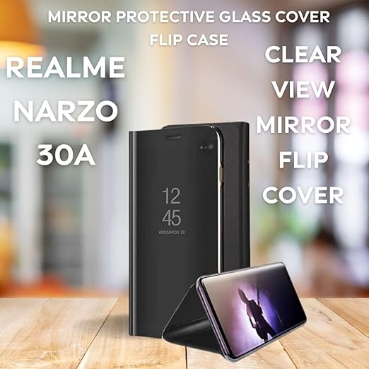 Realme Narzo 30A Clear View Electroplate Mirror Flip Case with Protective Glass Cover - Stylish Polycarbonate Design for Ultimate Protection (Black) - Flymaster Shop