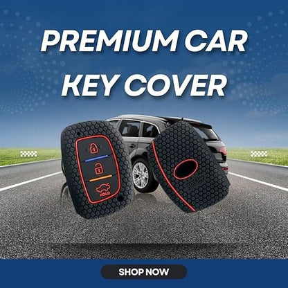 Silicone Key Cover for Hyundai Elite i20, Active20, Aura, Verna, Xcent, Tucson, Elantra – Black 3-Button Smart Key Cover with KC Mini Keyring - Flymaster Shop
