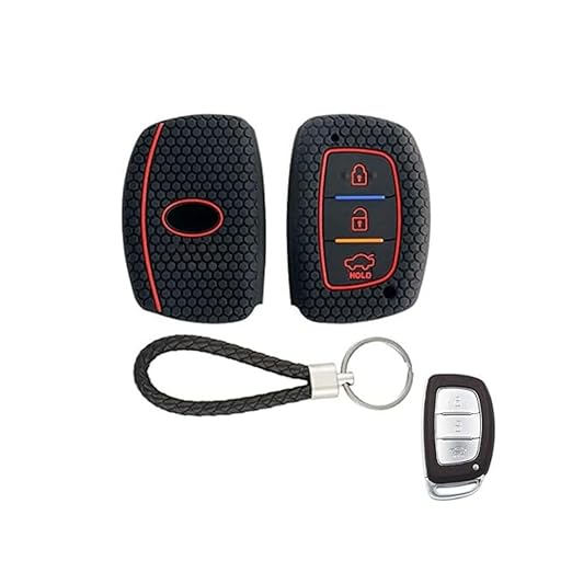 Silicone Key Cover for Hyundai Elite i20, Active20, Aura, Verna, Xcent, Tucson, Elantra – Black 3-Button Smart Key Cover with KC Mini Keyring - Flymaster Shop