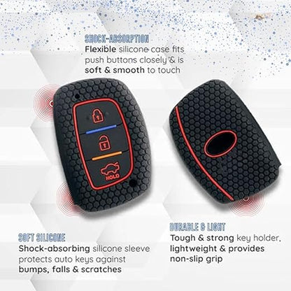 Silicone Key Cover for Hyundai Elite i20, Active20, Aura, Verna, Xcent, Tucson, Elantra – Black 3-Button Smart Key Cover with KC Mini Keyring - Flymaster Shop