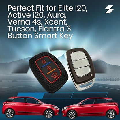 Silicone Key Cover for Hyundai Elite i20, Active20, Aura, Verna, Xcent, Tucson, Elantra – Black 3-Button Smart Key Cover with KC Mini Keyring - Flymaster Shop
