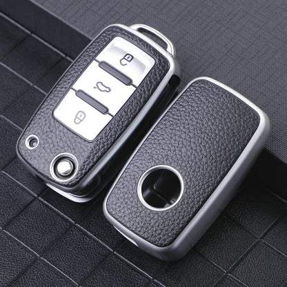 TPU Leather Key Cover for VW & Skoda Folding Keys – Silver Black | Fits Polo, Vento, Jetta, Ameo, Skoda Rapid & More - Flymaster Shop