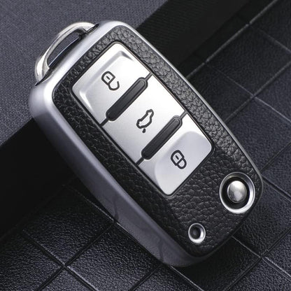 TPU Leather Key Cover for VW & Skoda Folding Keys – Silver Black | Fits Polo, Vento, Jetta, Ameo, Skoda Rapid & More - Flymaster Shop