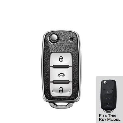 TPU Leather Key Cover for VW & Skoda Folding Keys – Silver Black | Fits Polo, Vento, Jetta, Ameo, Skoda Rapid & More - Flymaster Shop
