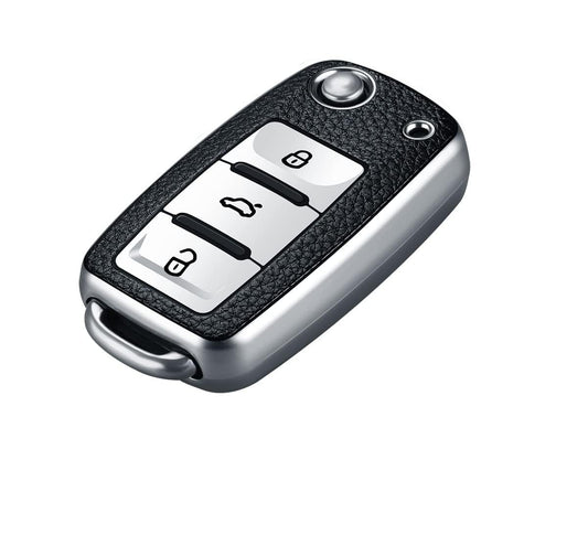 TPU Leather Key Cover for VW & Skoda Folding Keys – Silver Black | Fits Polo, Vento, Jetta, Ameo, Skoda Rapid & More - Flymaster Shop