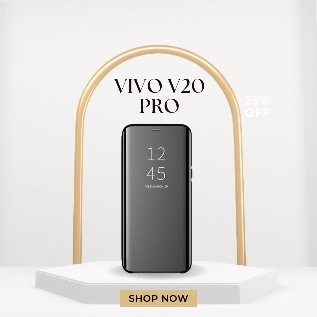V20 Pro Clear View Electroplate Mirror Flip Case with Protective Glass Cover, Stylish and Durable Polycarbonate Design for Ultimate Protection (Black). - Flymaster Shop