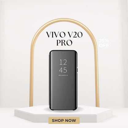 V20 Pro Clear View Electroplate Mirror Flip Case with Protective Glass Cover, Stylish and Durable Polycarbonate Design for Ultimate Protection (Black). - Flymaster Shop