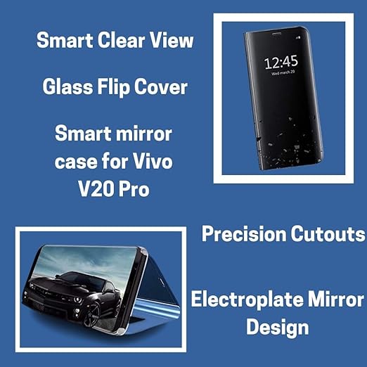Vivo V20 Pro Clear View Electroplate Mirror Flip Case with Protective Glass Cover - Stylish Polycarbonate Design for Ultimate Protection (Black) - Flymaster Shop