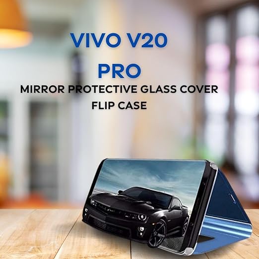 Vivo V20 Pro Clear View Electroplate Mirror Flip Case with Protective Glass Cover - Stylish Polycarbonate Design for Ultimate Protection (Black) - Flymaster Shop