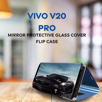 Vivo V20 Pro Clear View Electroplate Mirror Flip Case with Protective Glass Cover - Stylish Polycarbonate Design for Ultimate Protection (Black) - Flymaster Shop