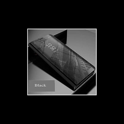 Vivo V20 Pro Clear View Electroplate Mirror Flip Case with Protective Glass Cover - Stylish Polycarbonate Design for Ultimate Protection (Black) - Flymaster Shop