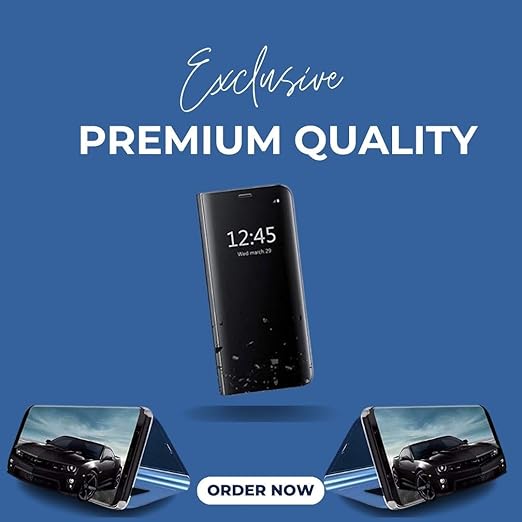 Vivo V20 Pro Clear View Electroplate Mirror Flip Case with Protective Glass Cover - Stylish Polycarbonate Design for Ultimate Protection (Black) - Flymaster Shop