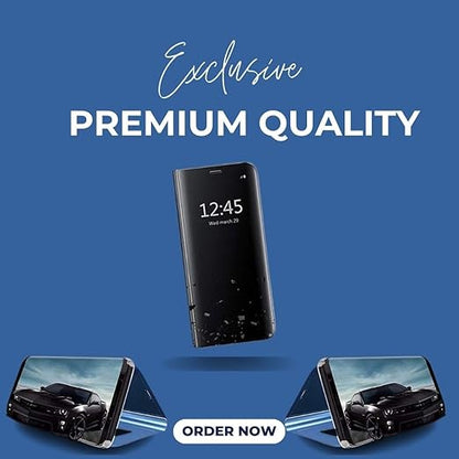 Vivo V20 Pro Clear View Electroplate Mirror Flip Case with Protective Glass Cover - Stylish Polycarbonate Design for Ultimate Protection (Black) - Flymaster Shop