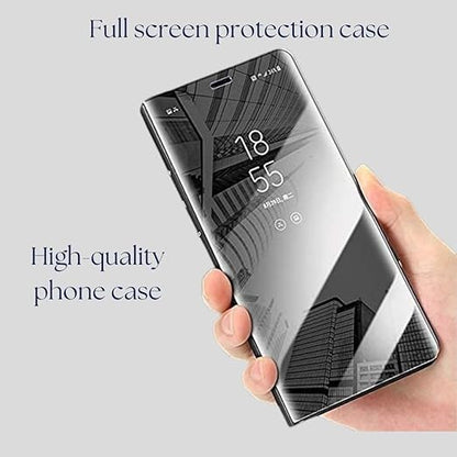 Vivo V20 Pro Clear View Electroplate Mirror Flip Case with Protective Glass Cover - Stylish Polycarbonate Design for Ultimate Protection (Black) - Flymaster Shop