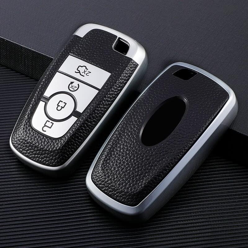 Ford Ecosport Aspire Freestyle Endeavour Push Button Start Car Key | Car Accessories | Soft TPU Leather Pattern Key Cover, Silver Color - Flymaster Shop