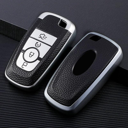 Ford Ecosport Aspire Freestyle Endeavour Push Button Start Car Key | Car Accessories | Soft TPU Leather Pattern Key Cover, Silver Color - Flymaster Shop